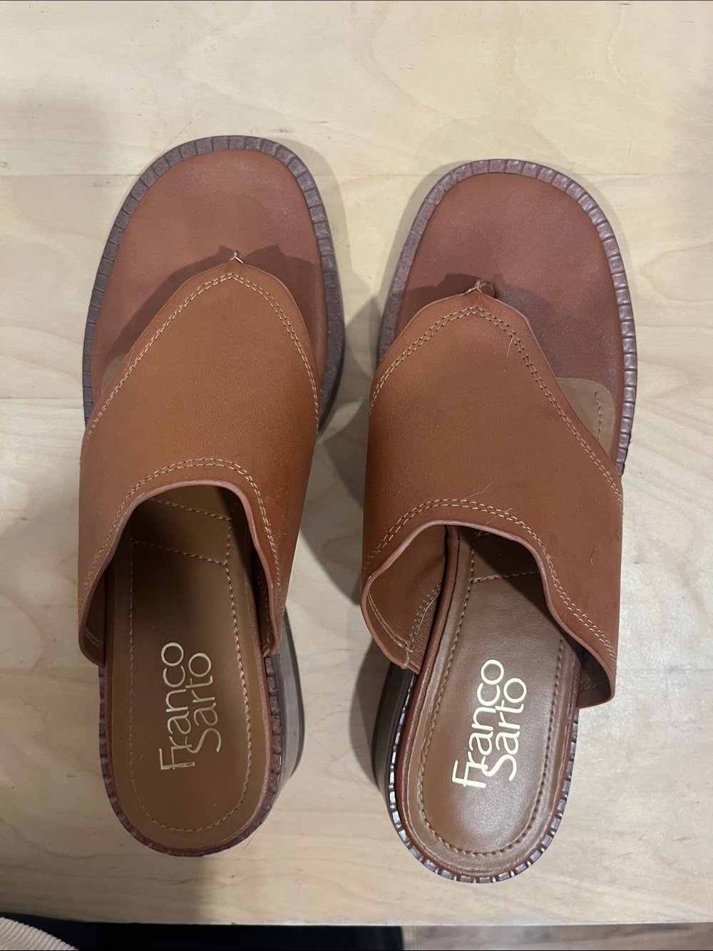 Franco Sarto Tan Leather Toe-Loop Slide Sandals